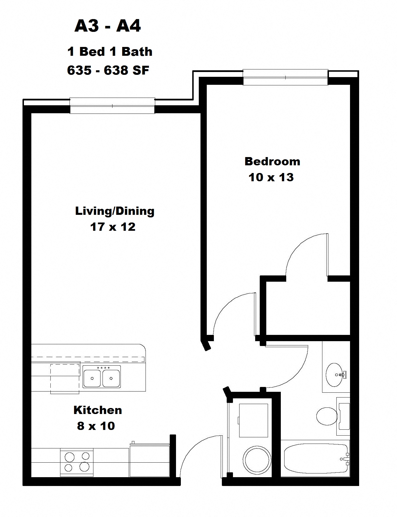 Floor plan for 1 bed, 1 bath, 638 sqft